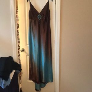 Niki Lavis hombre brown and teal satin dress